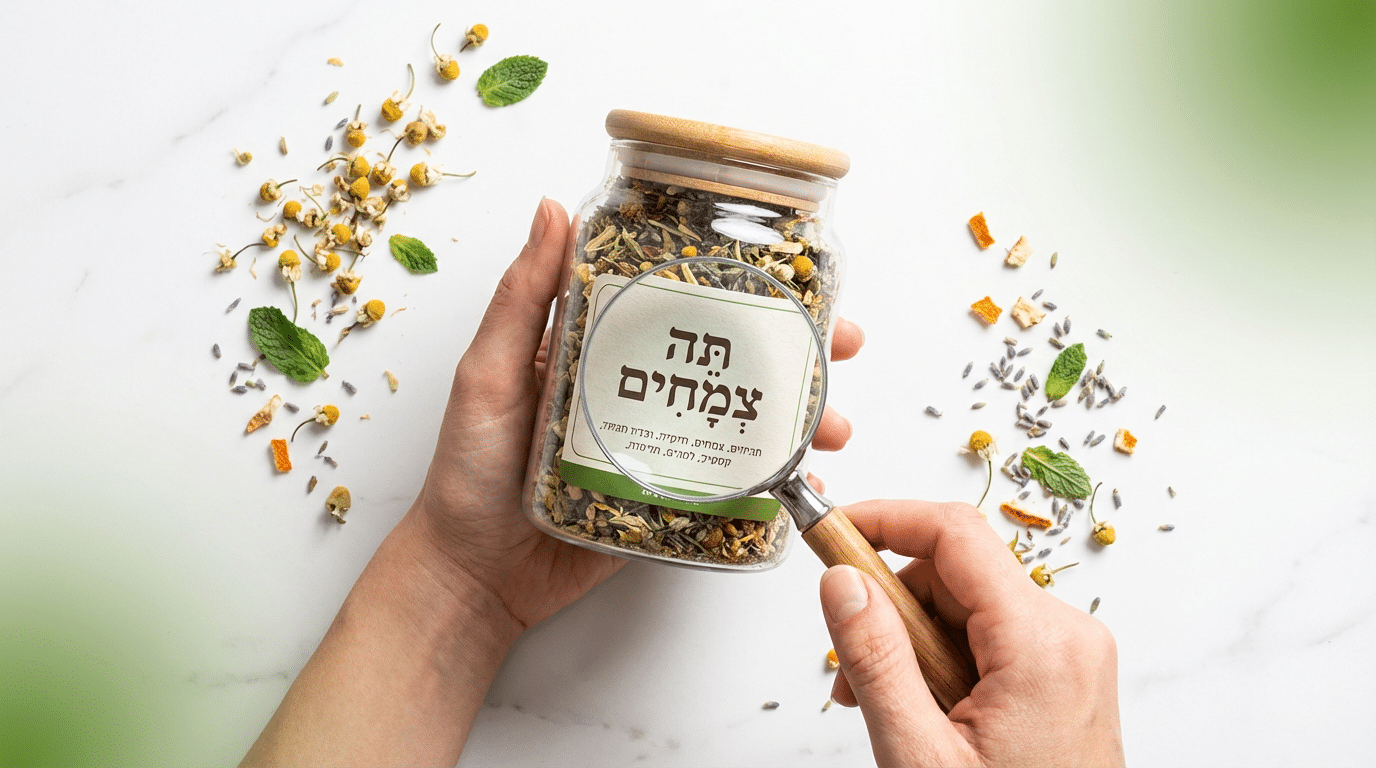 בדיקת רכיבים על אריזת חליטת צמחים טבעית