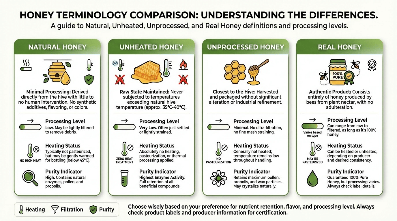 טבלת השוואה בין סוגי דבש - טבעי, גולמי ולא מעובד