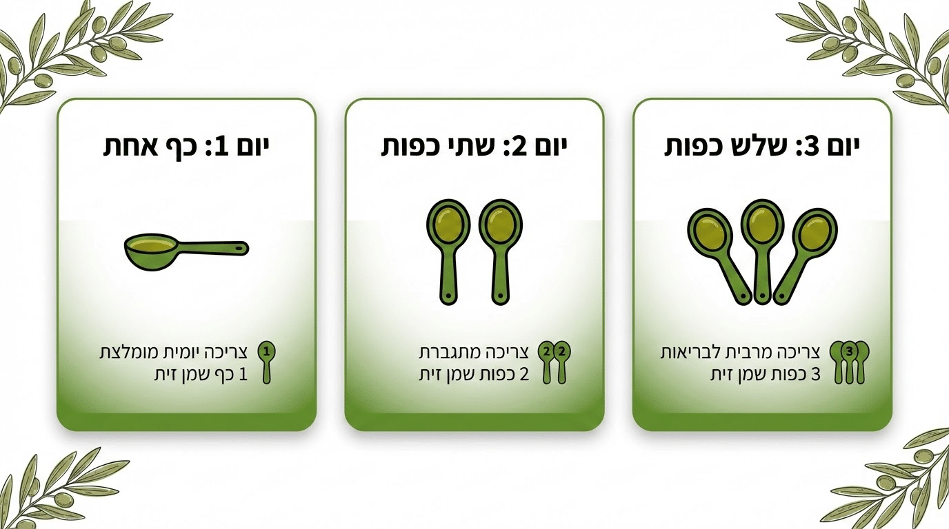 המלצות לצריכה יומית של שמן זית - 1-2 כפות ליום