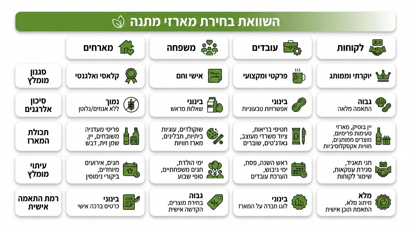 טבלת השוואה לבחירת מארז מתנה לחג לפי צרכים