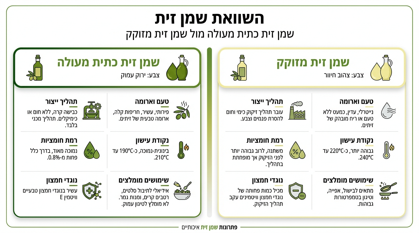 השוואה בין שמן זית כתית מעולה לשמן זית מזוכך