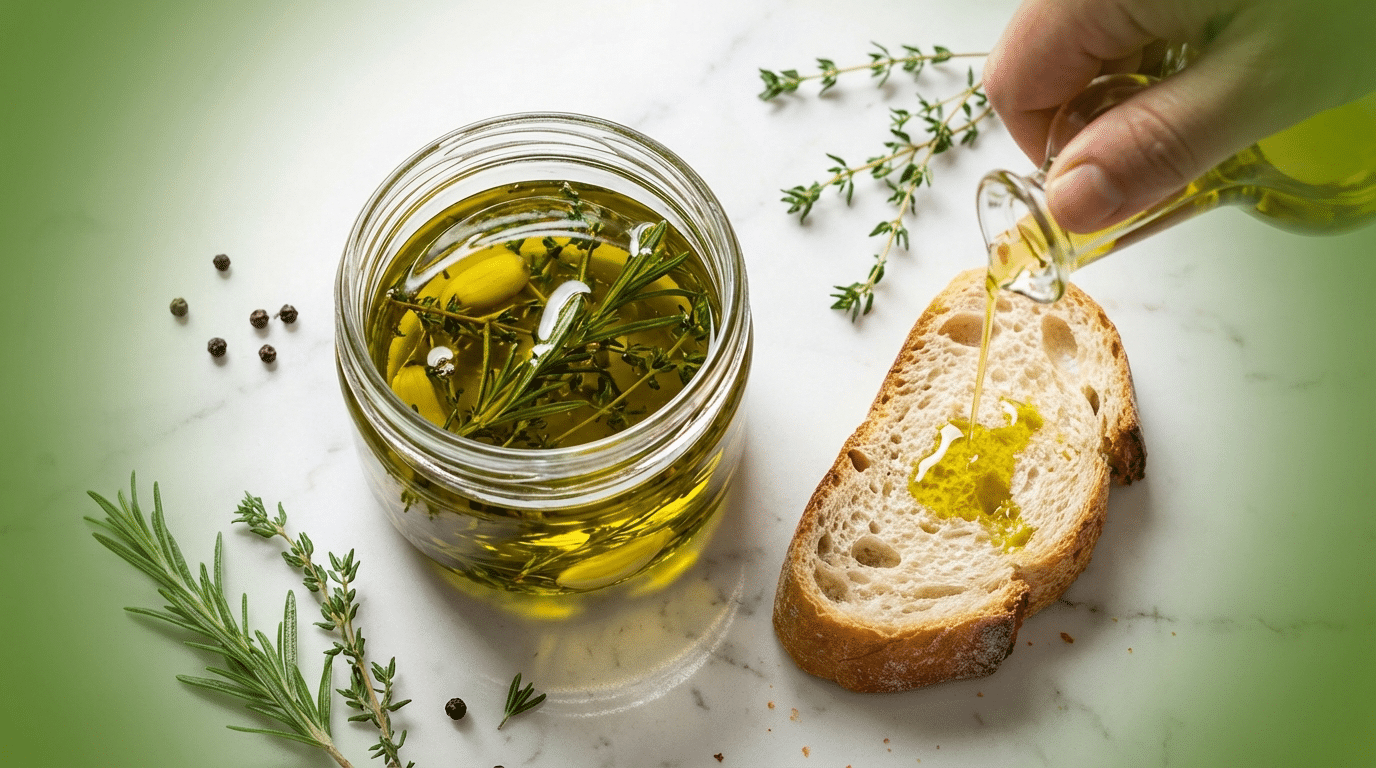 שמן זית מתובל שנשאר מקונפי - זהב נוזלי לשימושים רבים במטבח