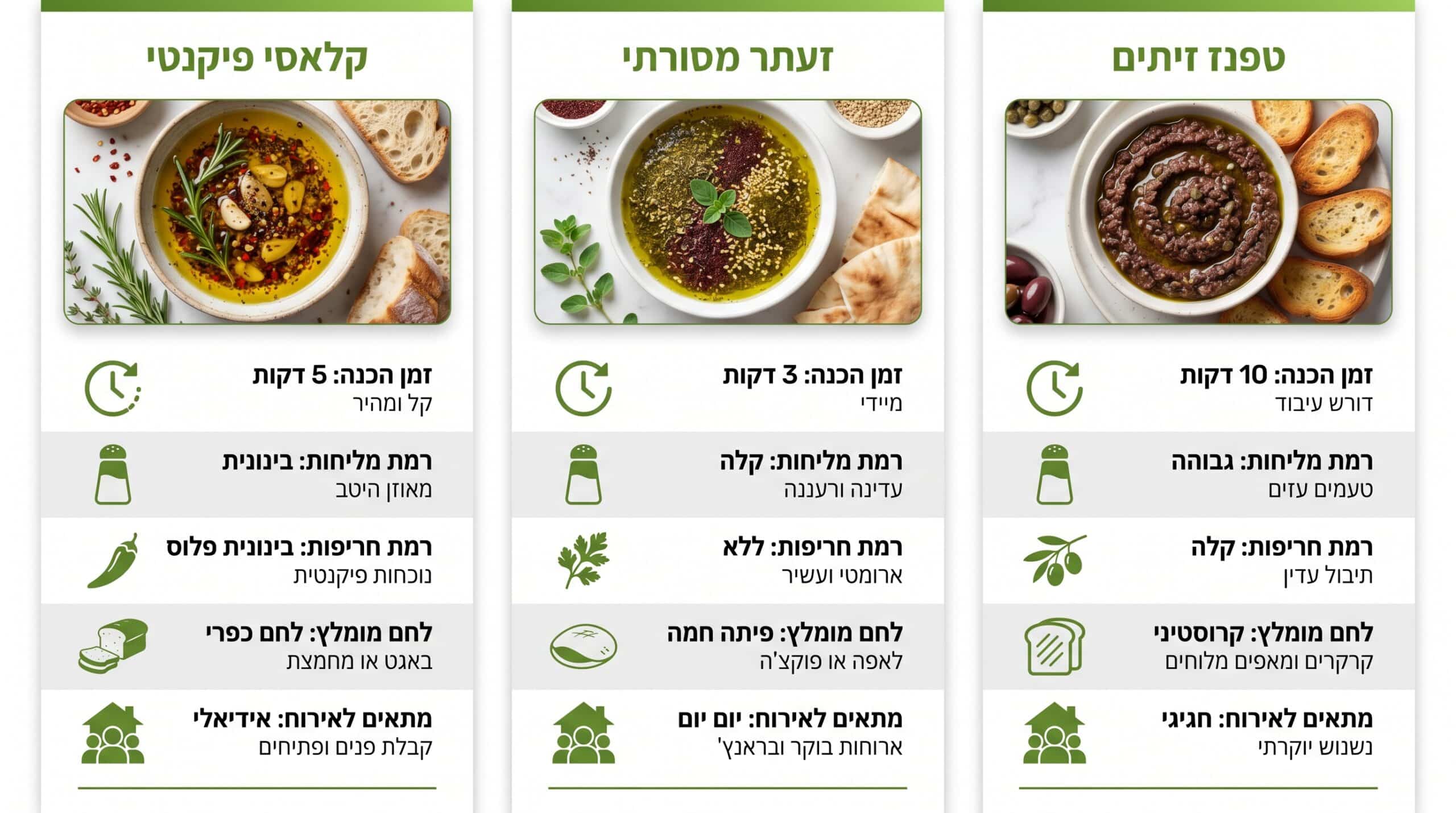 השוואה בין שלוש גרסאות דיפ שמן זית - קלאסי, זעתר וטפנד זיתים