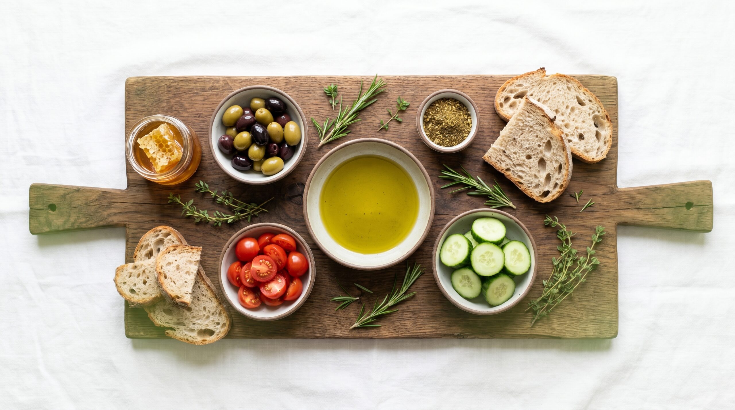 מגש אירוח שלם עם דיפ שמן זית, זיתים, דבש, ירקות ולחם על מגש עץ