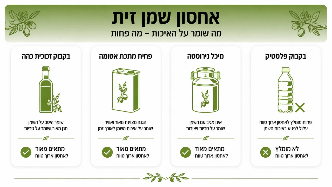 השוואה בין זכוכית כהה, פח, נירוסטה ופלסטיק לאחסון שמן זית