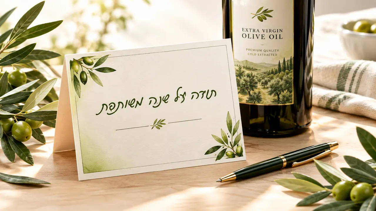 כרטיס ברכה אישי המלווה מארז שמן זית כמתנה עסקית